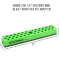 36 Piece Magnetic Hex Bit Holder Kit for Fast Drill Bit Storage, green holder for 36 bits and 1/4 inch drive adapter, dimensions shown
