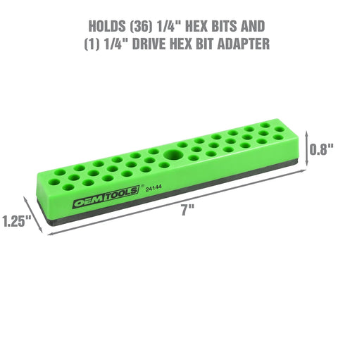 36 Piece Magnetic Hex Bit Holder Kit for Fast Drill Bit Storage, green holder for 36 bits and 1/4 inch drive adapter, dimensions shown