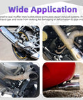 Exhaust U Clamp Kit 2 Pieces 1.3 Inch Stainless Steel U-Bolt Clamps in use on motorcycle and car exhaust systems, multiple views.