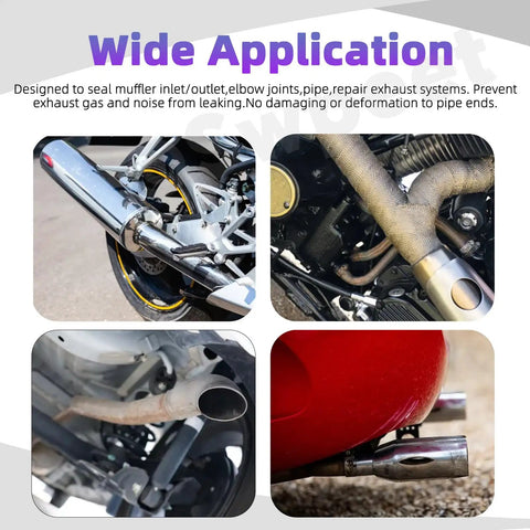 Exhaust U Clamp Kit 2 Pieces 1.3 Inch Stainless Steel U-Bolt Clamps in use on motorcycle and car exhaust systems, multiple views.