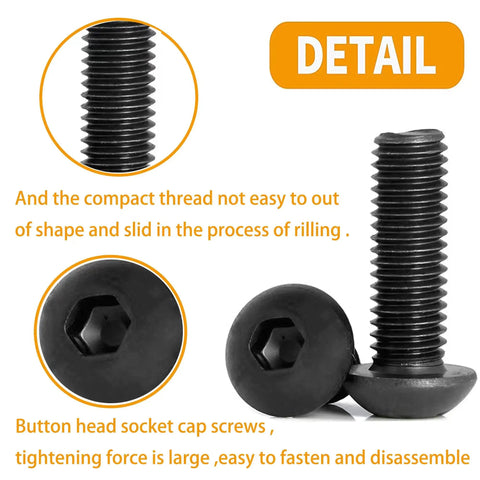 Detail of button head socket cap screws from the 16 Piece M5 T Nut Metric Camming Screw Kit With Dead Nuts Secure Thread Locking Bolts.