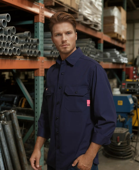 Man wearing Light Weight Flame Resistant Shirt For Men CAT2 6.5oz Navy Fire Retardant Welding Shirt NFPA2112 Certified Workwear in workshop