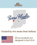 Map of Indiana highlighting Terre Haute, made by Doughmakers, with a note about local creation by two moms and a US flag.