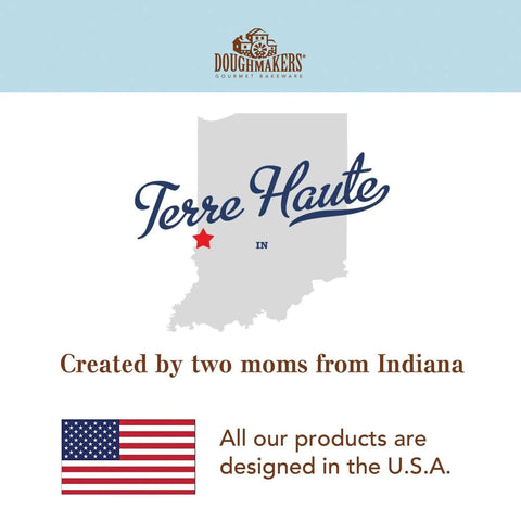 Map of Indiana highlighting Terre Haute, made by Doughmakers, with a note about local creation by two moms and a US flag.
