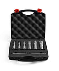 Front view: carbide annular cutter set in open case with 8 Weldon-shank cutters and two pilot pins