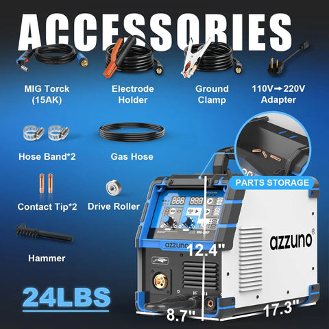 Image shows 4 In 1 Flux MIG TIG Stick Welder Dual Voltage 110V 220V Gas Gasless Welding Machine with accessories.