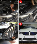 BMW Grille Insert Trim Covers V Brace Wrap With Blue Grill Stripes installed on 1 Series sedan front view.