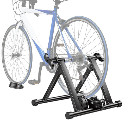 Magnetic Indoor Bike Trainer For 26 To 28 Inch And 700C Wheels with attached bicycle, front riser block visible