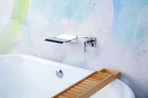 High Flow Wall Mount Tub Filler With Large Waterfall Spout And Single Lever Handle Pressure Balance Valve Included Chrome Finish cUPC Certified Delivers Spa Level Waterfall And Fast 8 GPM Fill above bathtub