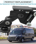 Close-up view of a black metal truck door hinge roller assembly with white rollers