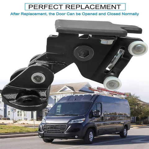 Close-up view of a black metal truck door hinge roller assembly with white rollers