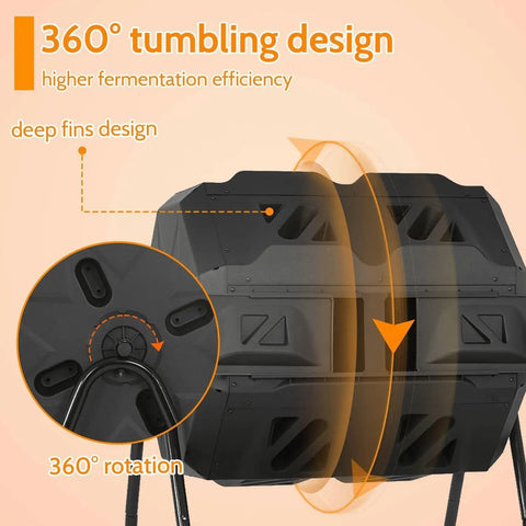 Dual Chamber Tumble Composter 43 Gallon Rotating Bin With 360 Degree Tumbler For Fast Easy Garden Waste Recycling BPA Free Black Outdoor Compost System showing 360° rotation and deep fins design