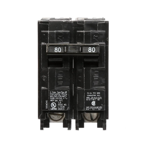 80 Amp Double Pole Type QP Circuit Breaker for 240 Volt Panels with Insta Wire Plug In Connections, 10,000 AIC Interrupt Rating
