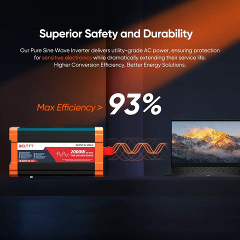 2000W Pure Sine Wave Inverter 24V DC to 120V AC for Solar Off Grid RV and Truck Use next to a laptop displaying efficiency