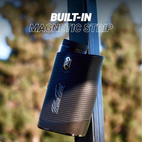 Series 4 Ultra Golf Rangefinder with slope switch in black, attached via built-in magnetic strip, high precision laser visible.
