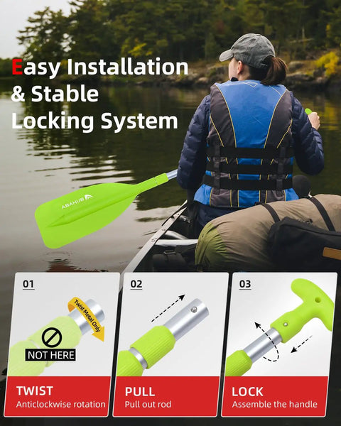 Woman in life jacket using Emergency Telescoping Paddle Adjustable From 21 To 42 Inches Aluminum Shaft Lightweight Oar with locking system