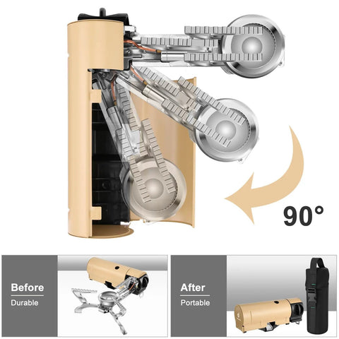 Go To Portable Camping Stove 1400W Butane Collapsible Backpacking Stove showing folding mechanism and compact storage case.