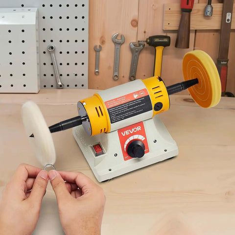 Benchtop Buffer Polisher With Half Horsepower Motor And 0 To 8000 RPM Adjustable Speed Heavy Duty Polish And Buffing Machine Includes 4 Inch Cotton Wheel Pair 3 Inch Fiber Wheels And Polishing Compound For Metal Jewelry And Wood in a workshop setting.