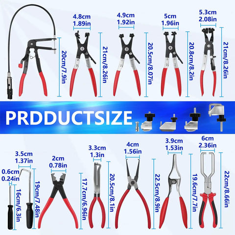 Pro Grade 16 Piece Hose Clamp Pliers Set with Long Reach Flexible Wire and Electrical Disconnect Pliers shown with sizes.