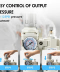 Half Inch NPT Air Compressor Water Separator Regulator Filter Dryer Combo with Gauge showing pressure adjustment steps