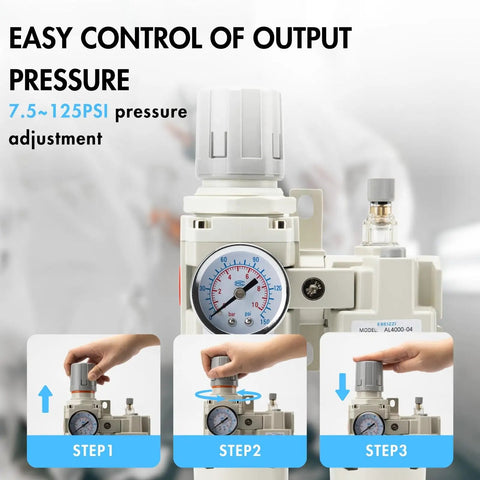 Half Inch NPT Air Compressor Water Separator Regulator Filter Dryer Combo with Gauge showing pressure adjustment steps