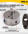 Front view: Drilax 2-3/4 in diamond hole saw with 3/8 in shank and 1-1/8 in cut depth for tile, glass, granite, porcelain