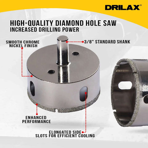 Front view: Drilax 2-3/4 in diamond hole saw with 3/8 in shank and 1-1/8 in cut depth for tile, glass, granite, porcelain