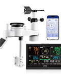 Totally All In One Wi Fi Weather Station With App And Seven Point Five Inch VA Display Solar Powered Outdoor Sensor rain gauge, display, and sensor unit
