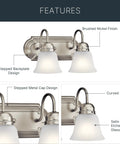 Brushed Nickel 2 Light Vanity Bath Light With Satin Etched Glass Shades, Sleek Modern Bathroom Fixture, highlighting features