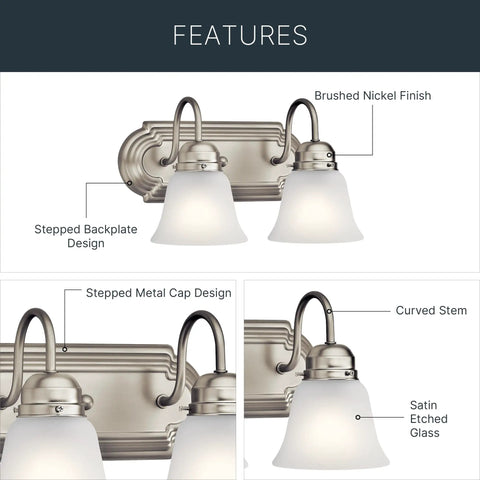 Brushed Nickel 2 Light Vanity Bath Light With Satin Etched Glass Shades, Sleek Modern Bathroom Fixture, highlighting features