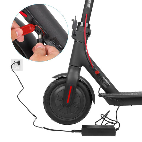 Universal 42V 2A Electric Scooter Charger with 71W Max Output connected to scooter showing charging setup