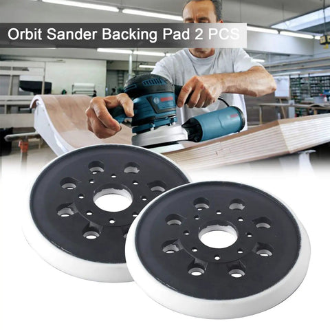 Eight Hole Five Inch Hook And Loop Sander Backing Pad Replacement For RS035 Compatible, shown in use on wood surface