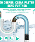 40 Inch Flexible Bathroom Drain Hair Remover With Rotating Handle Reinforced Steel Drain Snake clearing hair clogs in PVC pipes with water.