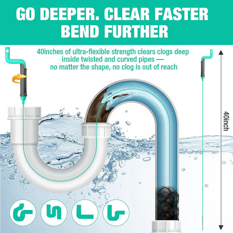 40 Inch Flexible Bathroom Drain Hair Remover With Rotating Handle Reinforced Steel Drain Snake clearing hair clogs in PVC pipes with water.