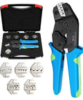 Six Piece Ratcheting Crimping Tool Set With Pro Grade Wire Crimper Jaws shown with interchangeable dies and carrying case