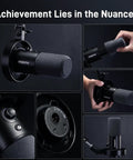 Collage of Pro Studio Dynamic USB XLR Podcast Microphone For Vocal Recording Content Creation And Voiceover With Pro Grade 192kHz 24bit Quality Noise Reduction Mic Gain Monitoring And Mute, showing different angles and close-ups of controls