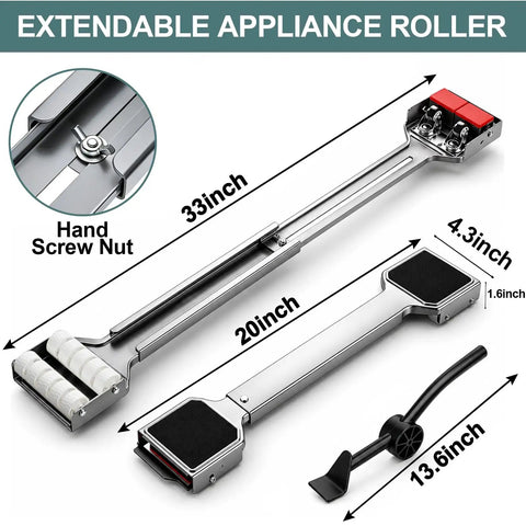 Heavy Duty Appliance Rollers With Extendable Sliders Swivel Wheels Anti Slip Feet For Moving Washers Dryers shown with dimensions