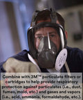 Person wearing Reusable Full Face Mask Respirator For Vapors And Particles Grey Medium Size with filters attached.