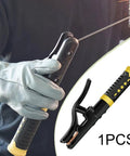Heavy Duty Copper Welding Clamp For 800 To 1000 Amp Stick Welders High Heat Burn Shield Ground Electrode Holder Super Cool Grip Tool held by gloved hand.