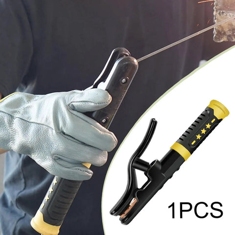 Heavy Duty Copper Welding Clamp For 800 To 1000 Amp Stick Welders High Heat Burn Shield Ground Electrode Holder Super Cool Grip Tool held by gloved hand.