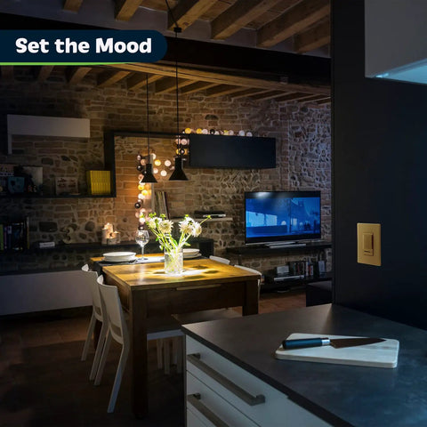 Living room with Dimmer Switch With Light Adjust Slider For Single Pole Or 3 Way Install 150W LED 600W Incandescent 120V UL Listed Gold Finish No Neutral Wire Required Easy Home Wiring No Brainer 3 Way Compatibility, elegant mood lighting.