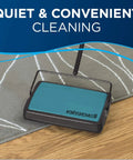 Super Lightweight Cordless Floor Sweeper With Dual Bottom Dump Bins For Snap Up Messes And Dust Clumps On Hardwood Tile And Area Rugs Compact Push Broom Cleaner In Teal on a gray area rug.