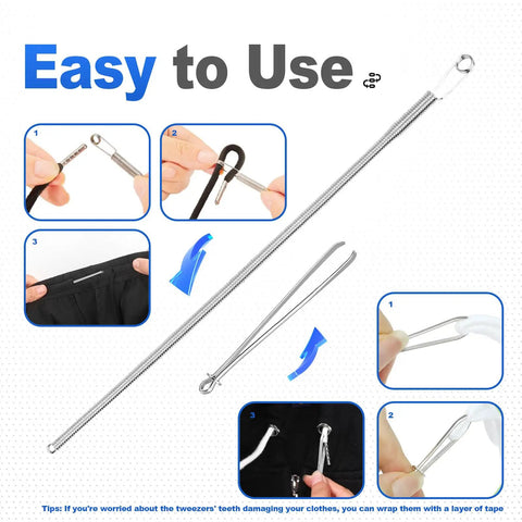 8 Piece Drawstring Replacement Cords Set With Three Drawstring Threader Tools Black And White shown with threading instructions.