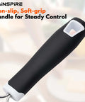 Close-up of soft grip handle on Stainless Steel Handheld Cheese Grater With Soft Grip Handle And Zester, Sharp Etched Grating Surface.