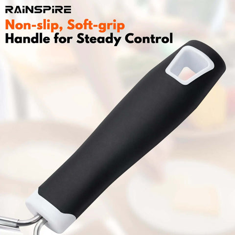 Close-up of soft grip handle on Stainless Steel Handheld Cheese Grater With Soft Grip Handle And Zester, Sharp Etched Grating Surface.