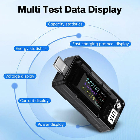 USB C Power Meter Tester With Color Screen And Real Time Voltage Current Readouts 4 To 25V 5A Monitor For PD3 And QC3 angled view