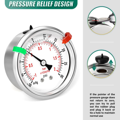 Stainless steel glycerin-filled vacuum/pressure gauge, 2.5-inch dial, back-mount, 1/4 in NPT, reads -30 inHg to 30 psi.