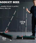 Heavy Duty Outdoor Push Broom With Hella Durable Stiff Bristles And 58 Inch Long Handle, shown in two sizes for patios and driveways.