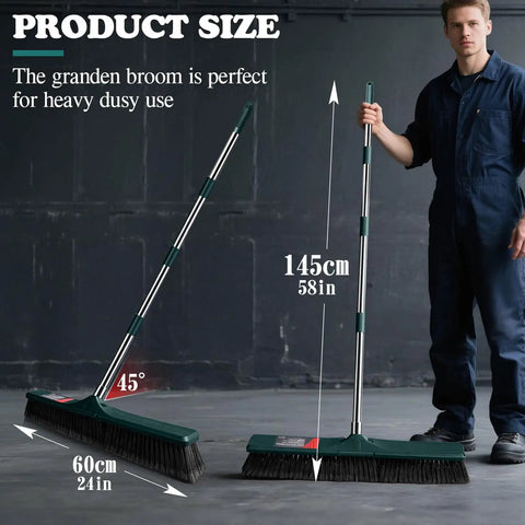 Heavy Duty Outdoor Push Broom With Hella Durable Stiff Bristles And 58 Inch Long Handle, shown in two sizes for patios and driveways.