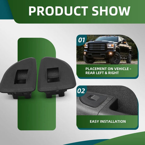 2 Piece Black Rear Window Switch Bezel Set For Silverado Sierra 2009 2010 2011 2012 2013 Compatible With Silverado 1500 2500 3500 Pickup Trucks Direct Fit Easy Install Durable Build For Quick No Fuss Replacement, shown with installation image and truck